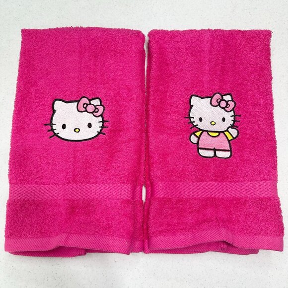 Hello Kitty Towels Embroidered Hand Towel Set Hot Pink Cute Girly Bathroom Decor - Picture 1 of 3